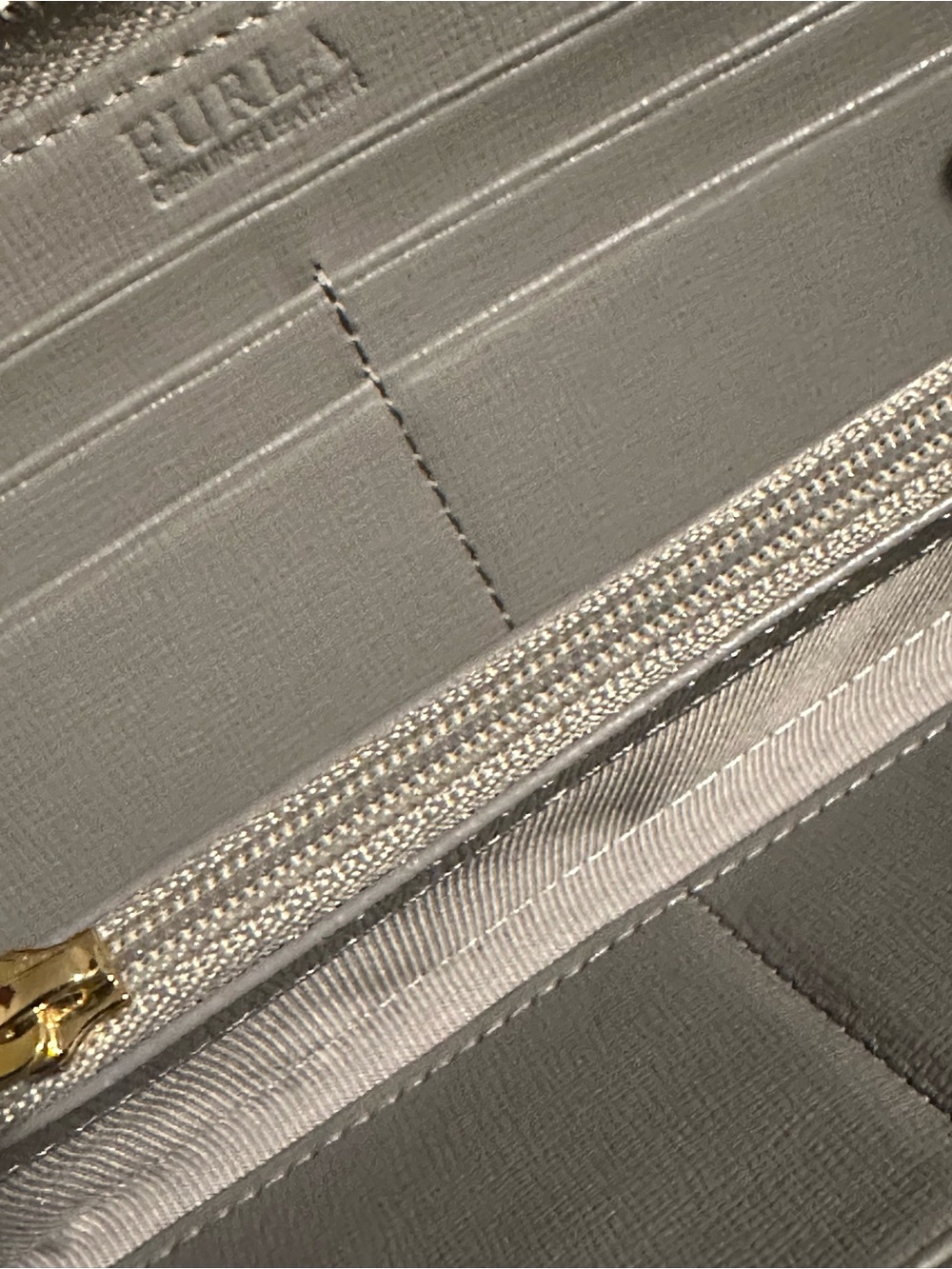 Furla Gray Zip Around Wallet Gold Tone Hardware Saffiano Leather Like New - Picture 10 of 13